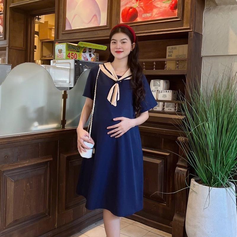 Đầm Bầu Công Sở Vải Trơn Chất Cotton Lạnh Phối Cổ Nơ Dáng Suông Thanh Lịch, Nhẹ Nhàng - Xanh đậu