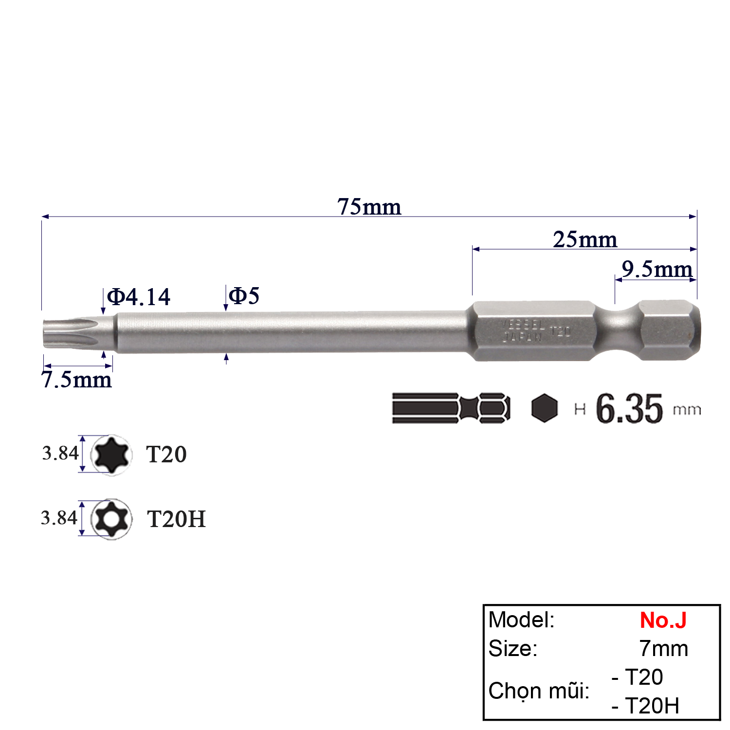 Mũi vặn vít đầu hoa khế T20/T20H chuôi lục giác H = 6,35 Vessel