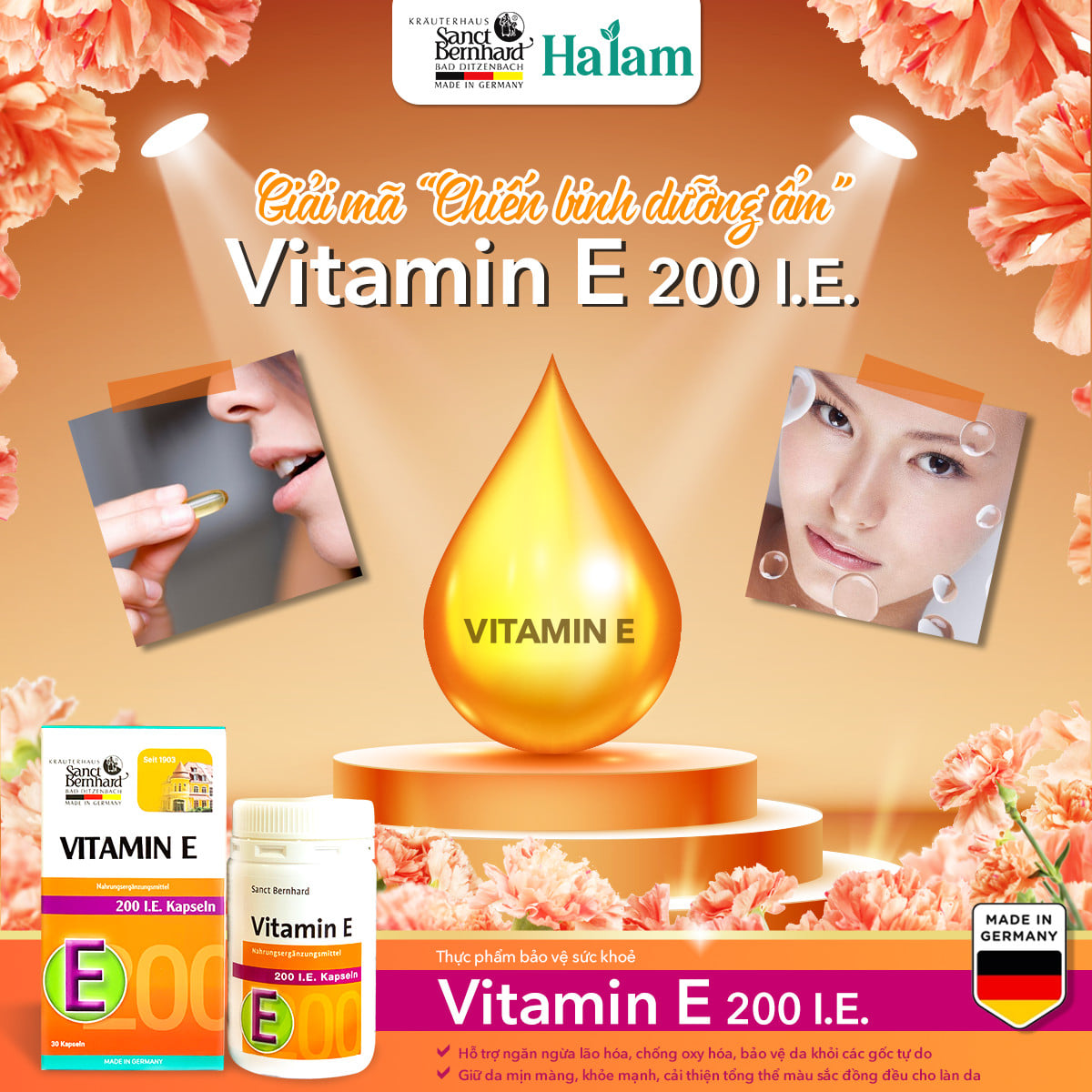 Vitamin E 200IE Kapseln -  Đẹp da, ngăn ngừa lão hóa, chống oxy hóa , da mịn màng đều màu