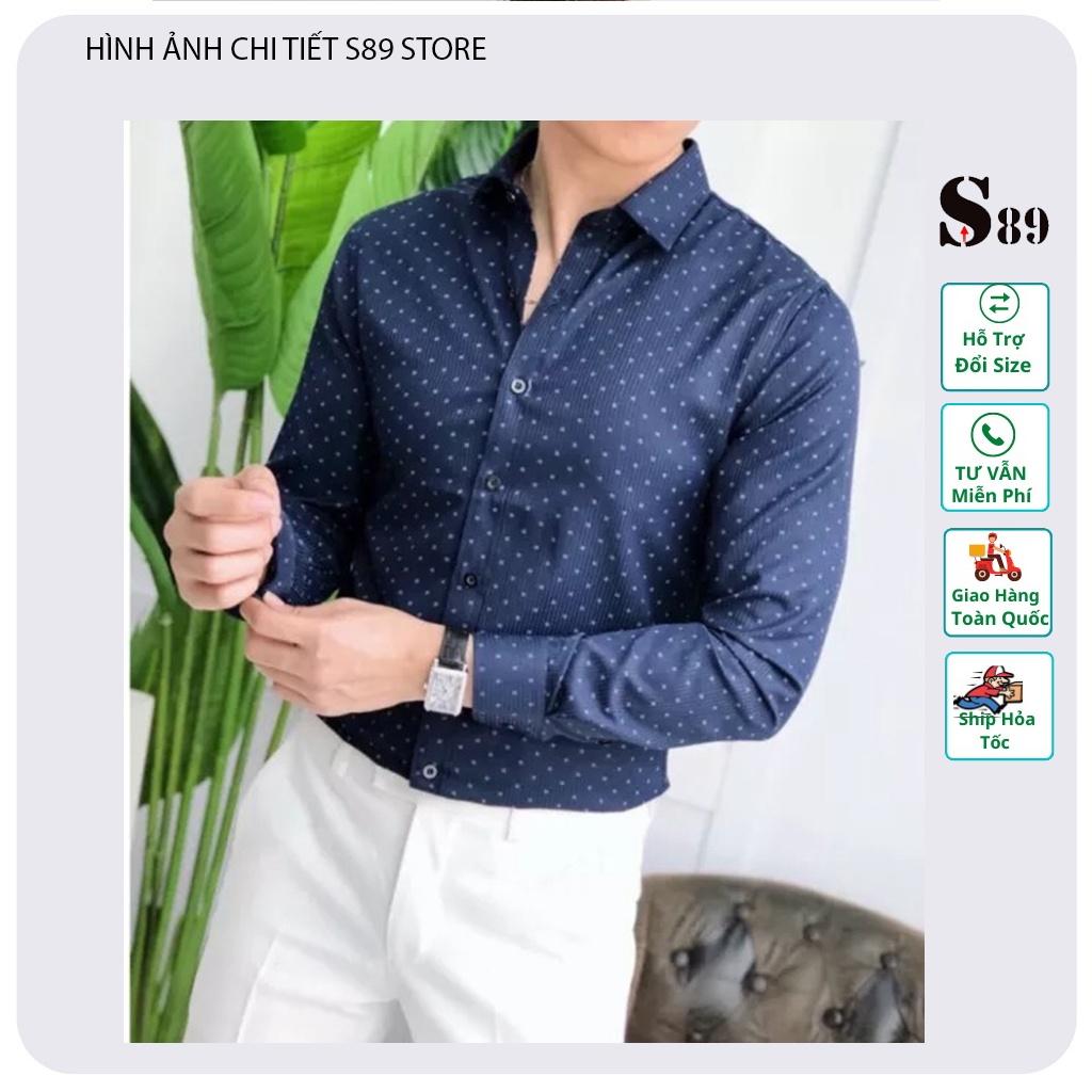 Áo sơ mi nam dài tay cổ cứng họa tiết chấm bi form dáng slim fit vải cotton dày dặn