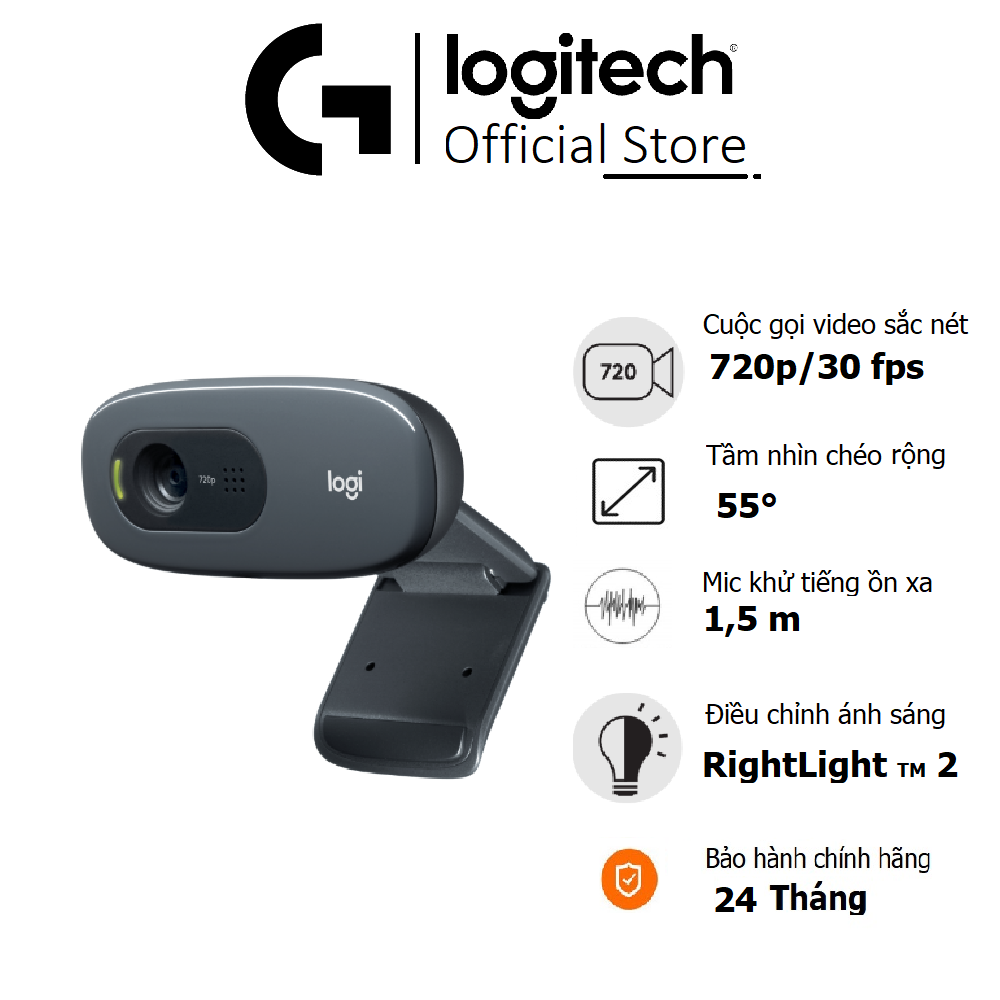 Webcam Logitech C270 HD 720P - 55 độ, mic giảm ồn, tự động chỉnh sáng, chụp ảnh 3MB, phù hợp PC/ Laptop - Hàng chính hãng