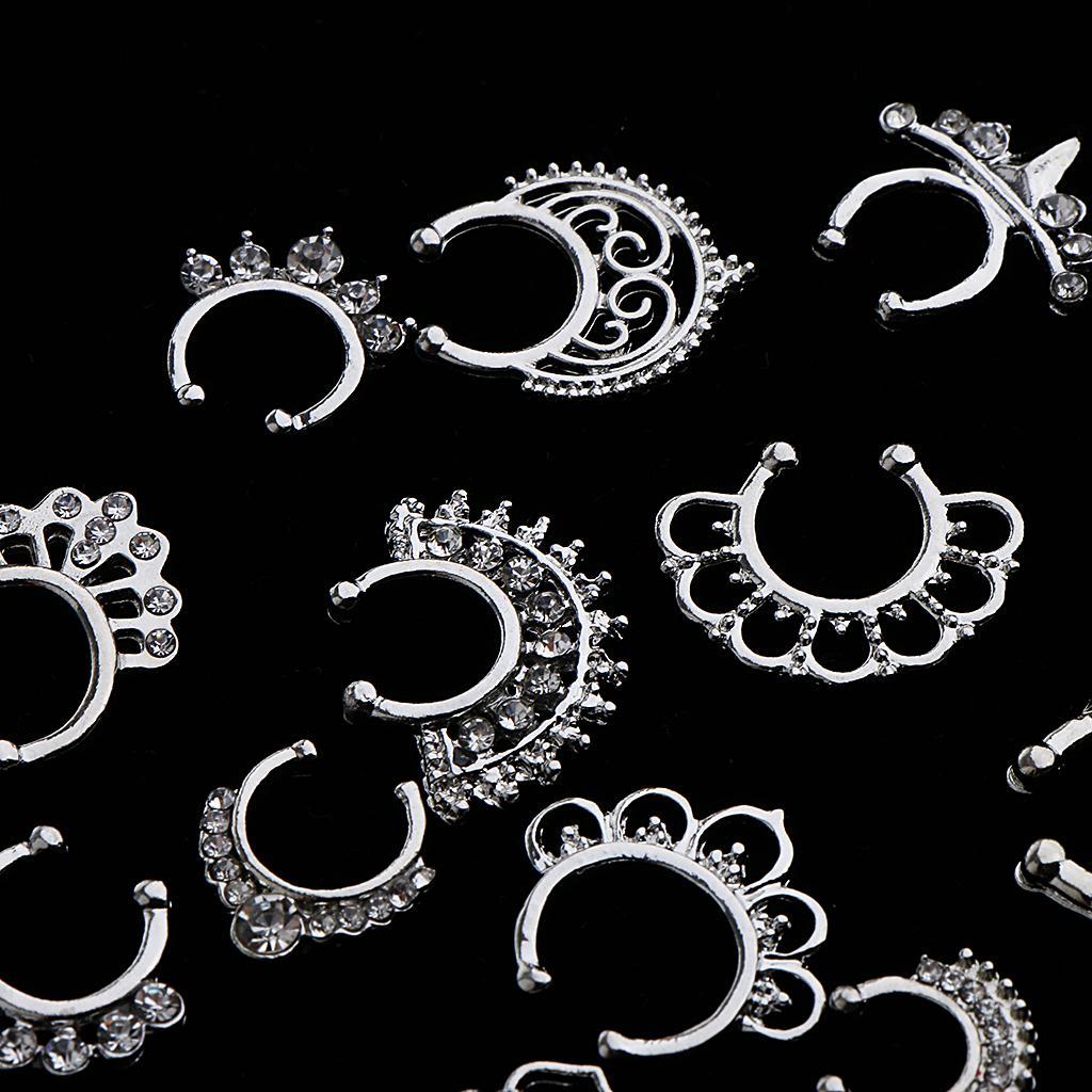2x21 Pieces Crystal Fake Septum Clicker Nose Ring Non-piercing Silver