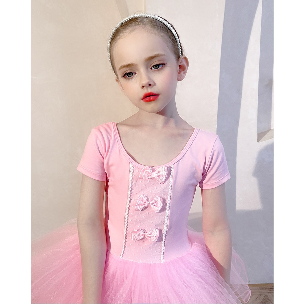 Đầm múa ballet cao cấp - Mẫu áo liền váy 3 nơ hồng, tay ngắn