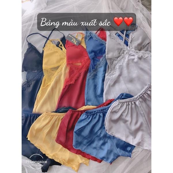 Đồ ngủ sexy, bộ ngủ áo dáng dài kèm quần gợi cảm chất satin mát mẻ- Phuongaliceshop