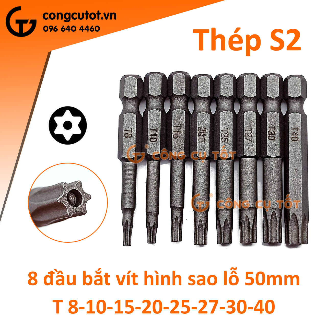 Bộ 8 đầu bắt vít hính sao lỗ 50mm các cỡ T8, T10, T15, T20, T25, T27, T30, T40