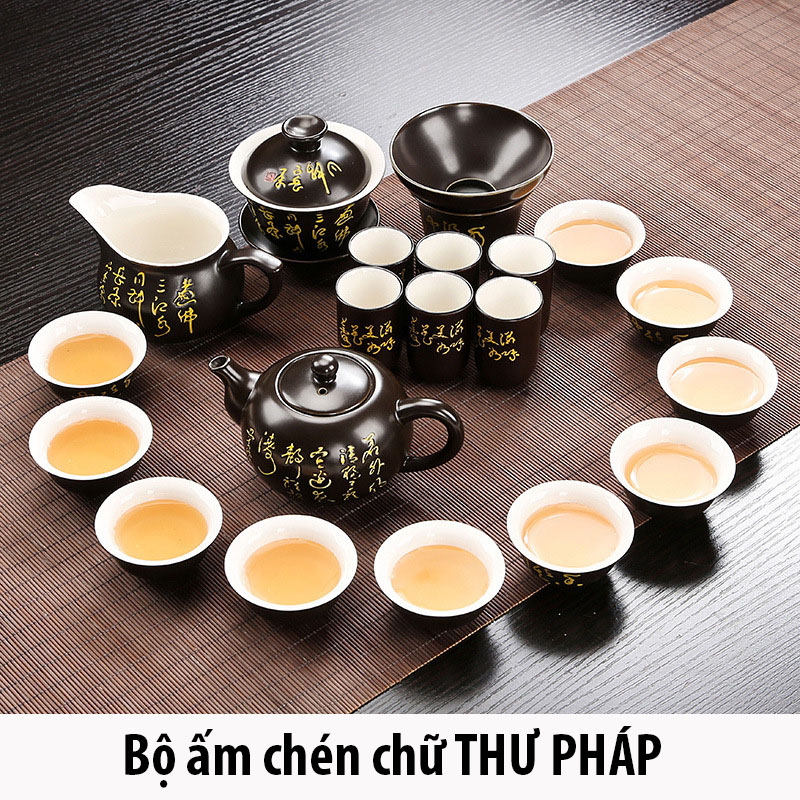 Bàn trà điện thông minh giá rẻ mẫu gỗ sồi sơn PU đen - Gồm đầy đủ bàn, bộ bếp pha trà, cùng ấm chén - Chữ thư pháp