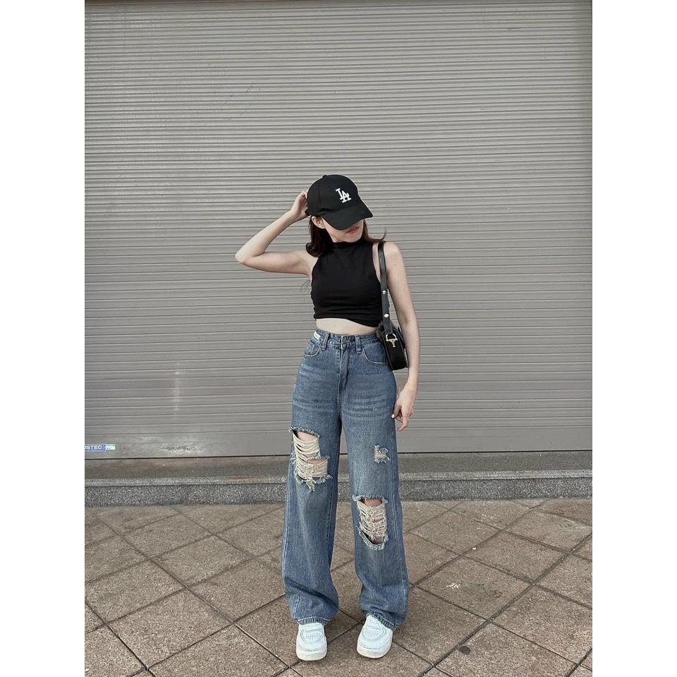 Quần Jeans Nữ Ống Rộng Rách 2 Gối Dáng Suông