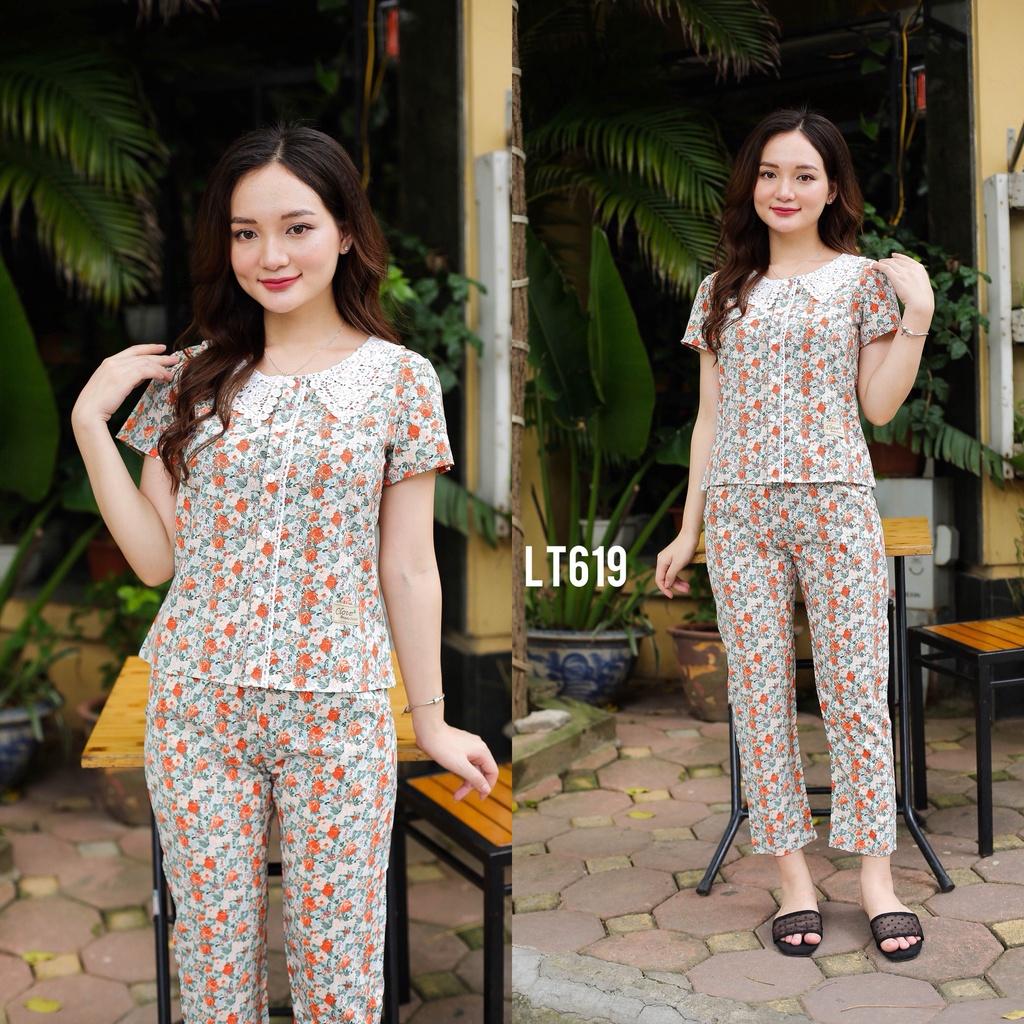 Bộ ngủ nữ bộ mặc nhà áo cộc quần dài cổ ren xinh xắn