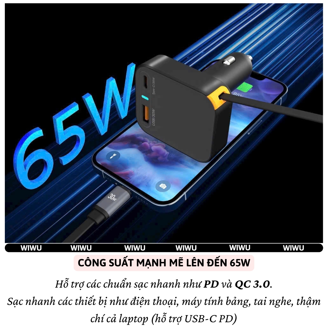 Tẩu củ sạc nhanh PD 65W cho xe hơi ô tô PD3.0 Type-C + 1 USB-A QC3.0 kèm dây sạc rút Type-C 66cm hiệu WIWU Helix cho iphone 17 16 15 iPad pro air Gen Vivo Oppo samsung Macbook - Trang bị chip Ai điều chỉnh dòng, Chống cháy, hợp kim nhôm - Hàng nhập khẩu