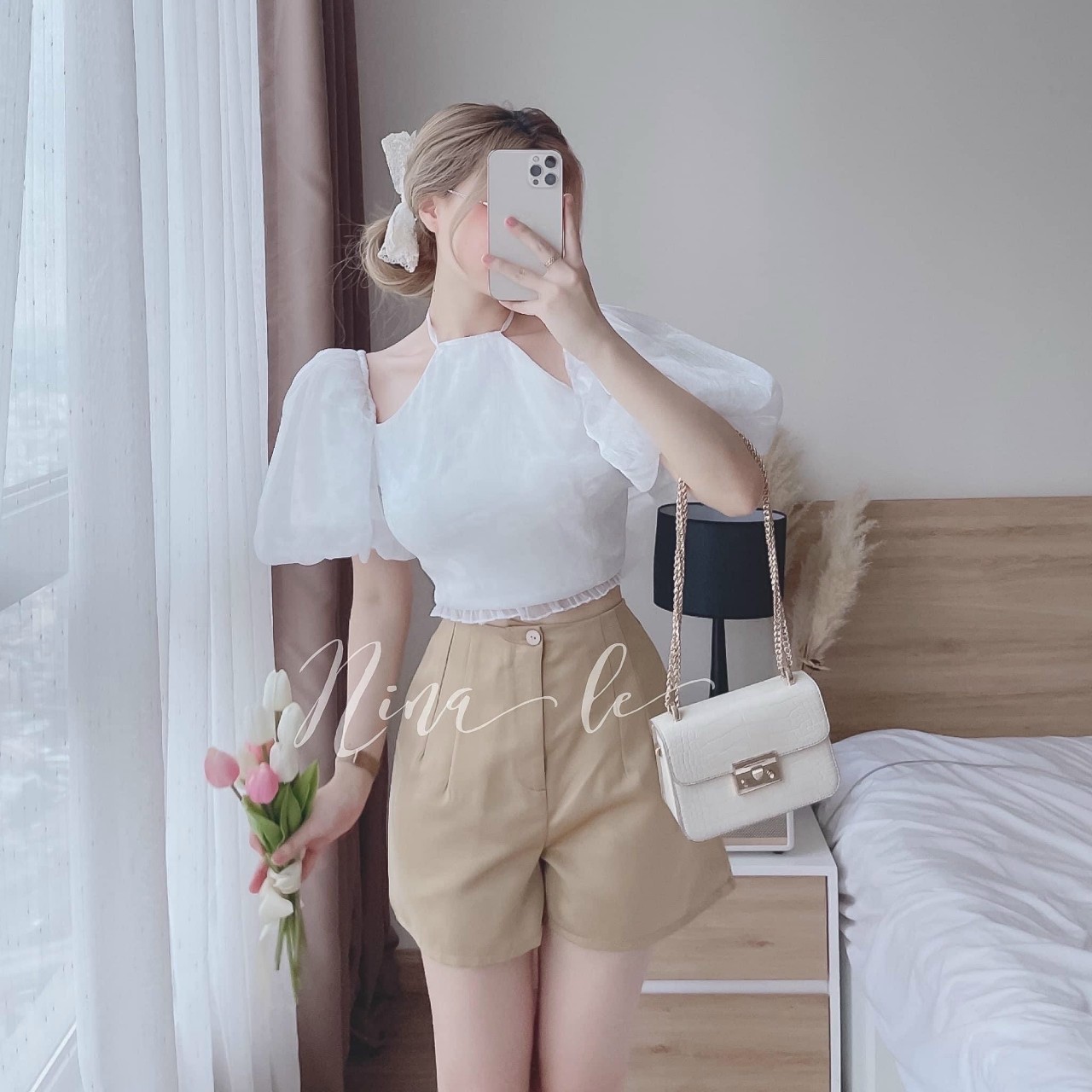 Set bộ đồ nữ áo yếm tay bồng vải tơ kèm quần short đùi chất đẹp thoáng mát