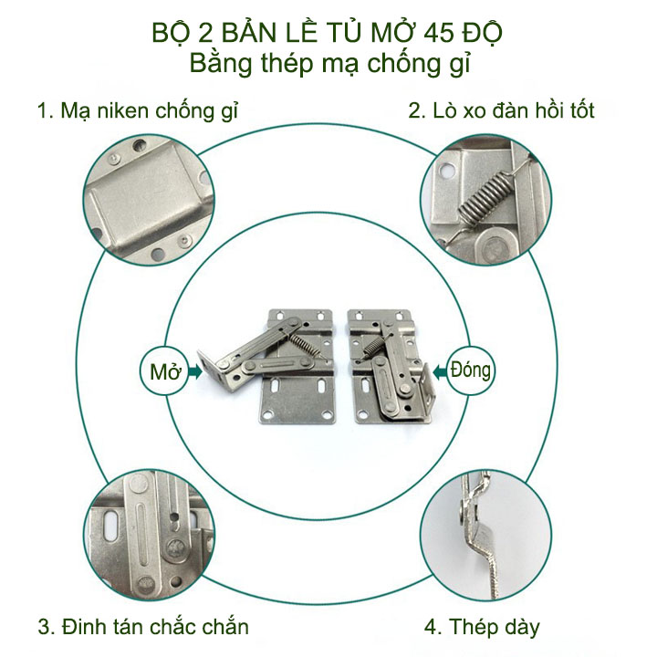 Bộ 2 bản lề tủ 45 độ, bằng thép mạ niken chống gỉ, dùng chỏ tủ bếp, tủ giày