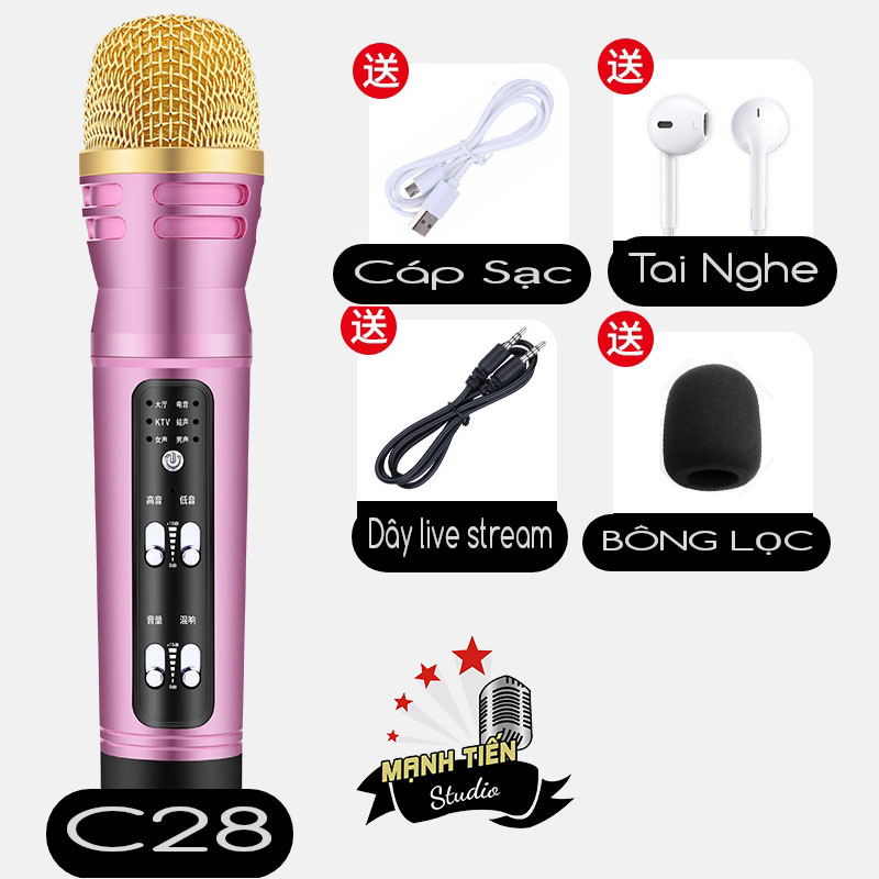 Micro thu âm C28 Bản nâng cấp có Bluetooth - micro cao cấp livestream, thu âm, karaoke online không cần soundcard - Tích hợp autotune - Tương thích với mọi điện thoại thông minh - kèm tai nghe nhét tai - Giao màu ngẫu nhiên