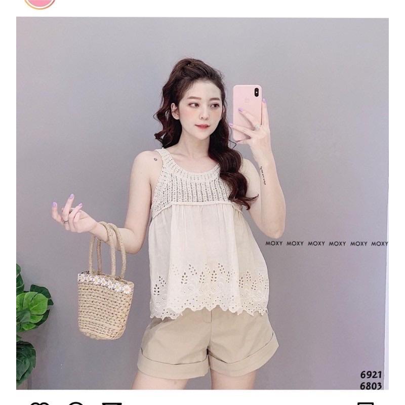 Áo kiểu nữ cổ yếm sợi móc mix vải thô boi viền hoa phong cách Hàn Quốc