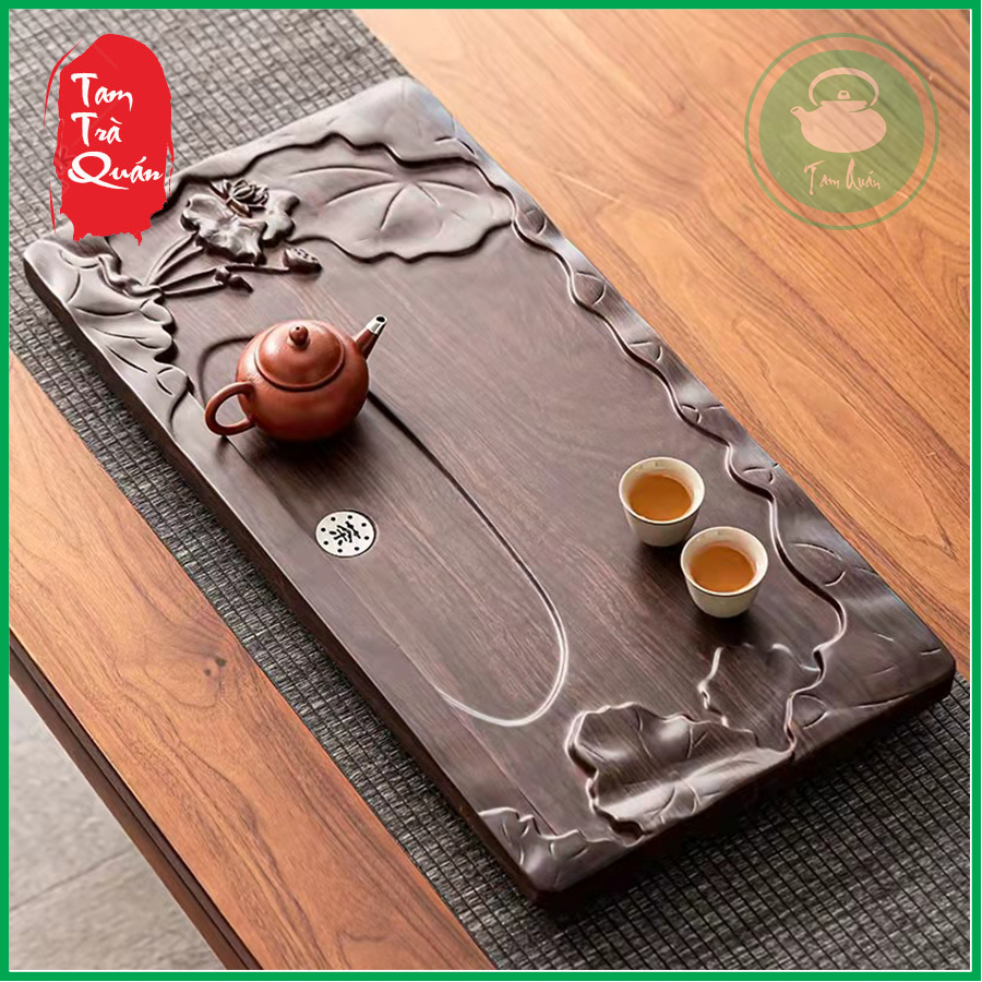 Khay trà gỗ khắc hoa sen 30x60cm
