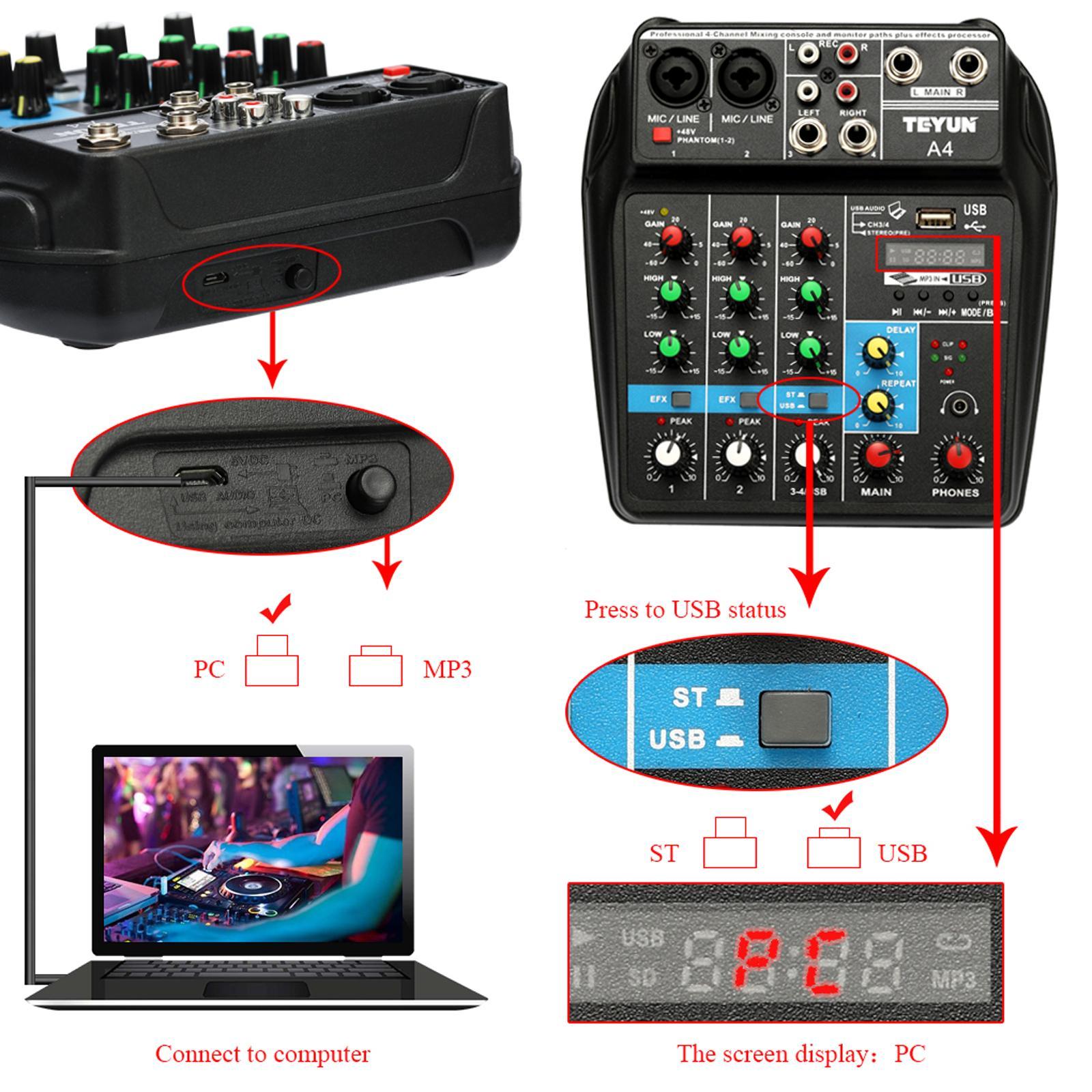 4 Channel USB Audio Mixer Mixing Console Sound Card Small Mixer Black
