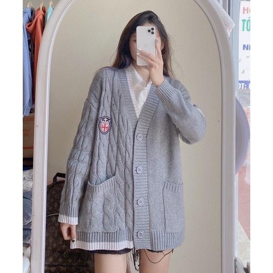 Áo Cardigan Len Trơn Thừng Logo Chất Dày Dáng Dài Xám