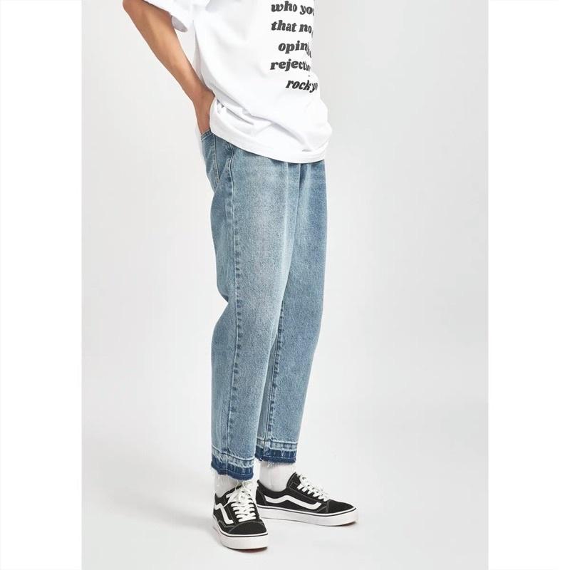 Quần jeans nam baggy ống đứng vải jeans cao cấp + áo thun đen
