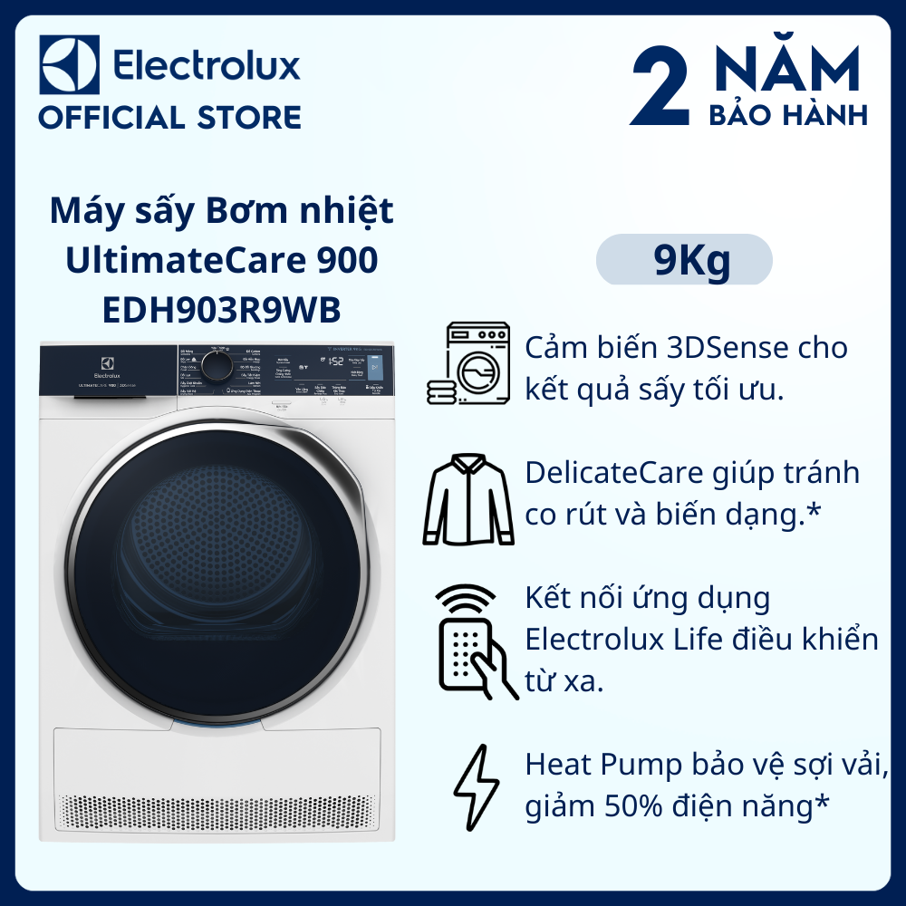 Máy sấy bơm nhiệt Electrolux Heat Pump 9kg EDH903R9WB - Bảo vệ sợi vải, giảm 50% điện năng, tránh co rút và biến dạng, kết nối Wifi