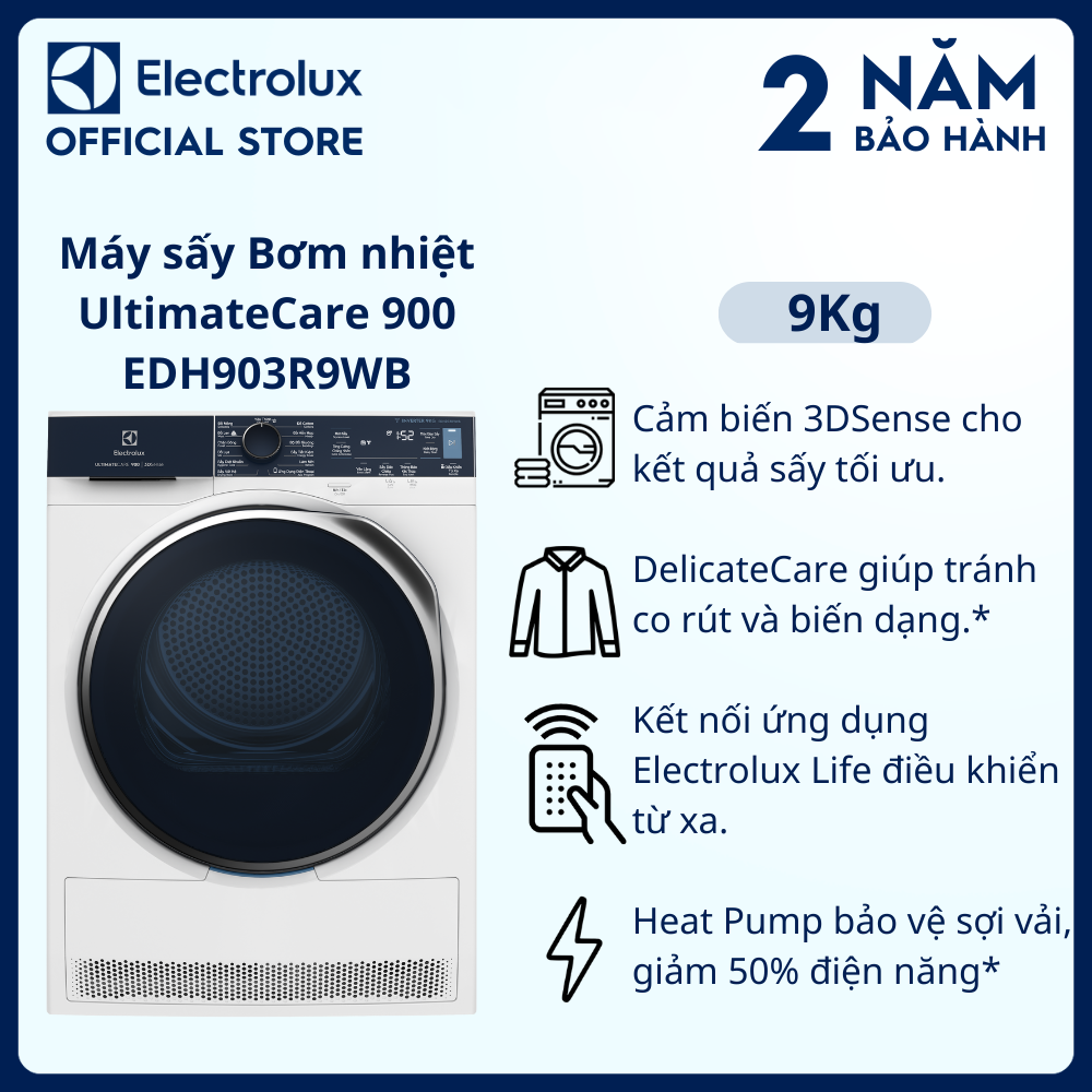 [Free Giao lắp] Máy sấy bơm nhiệt Electrolux Heat Pump 9kg EDH903R9WB - Bảo vệ sợi vải, giảm 50% điện năng, tránh co rút và biến dạng, kết nối Wifi [Hàng chính hãng]