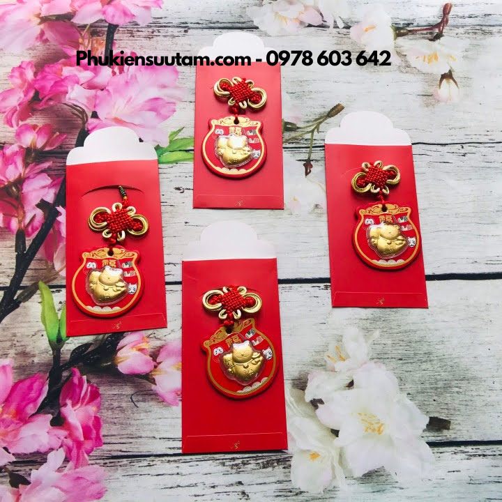 Combo 5 Bao Lì Xì Mèo Thần Tài Cá Chép, kích thước: 17cmx9cm, màu đỏ - SP005934