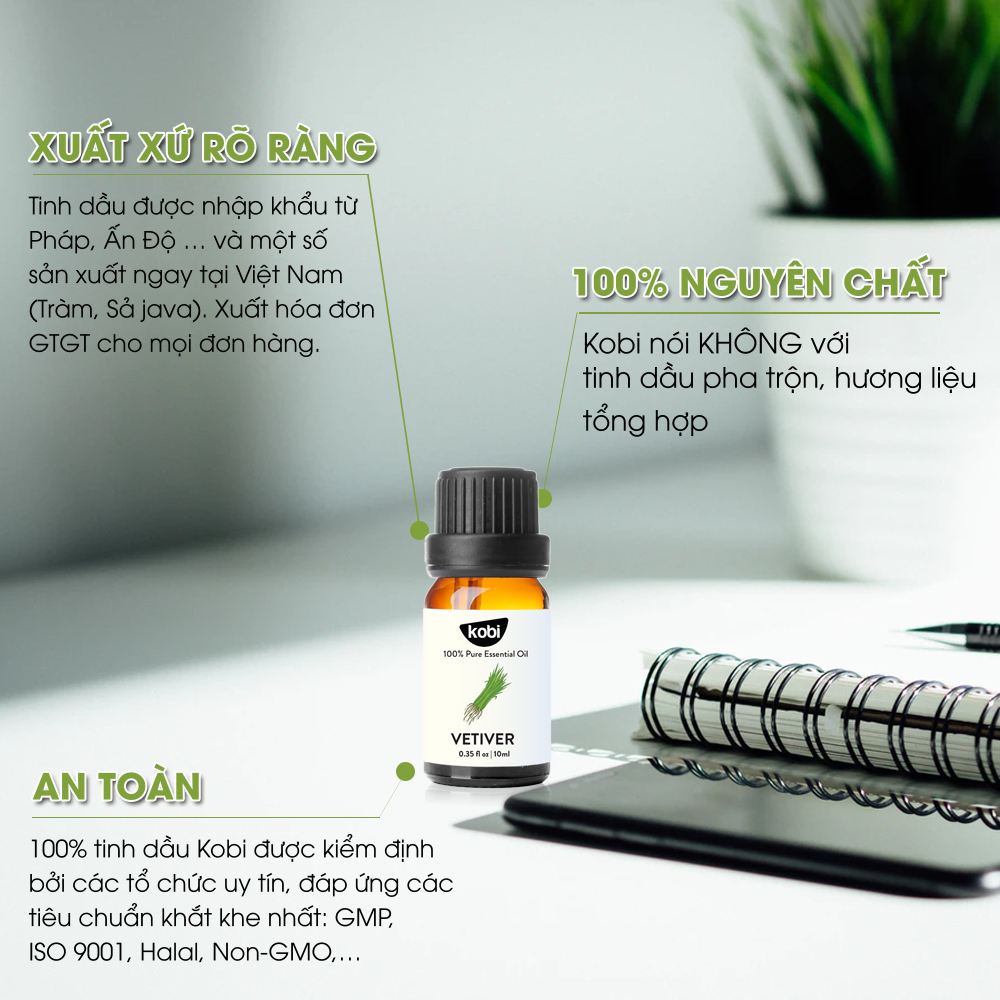 Tinh dầu Hương Lau Kobi Vetiver essential oil giúp giảm lo âu, phiền muộn, tăng cường miễn dịch - 10ml