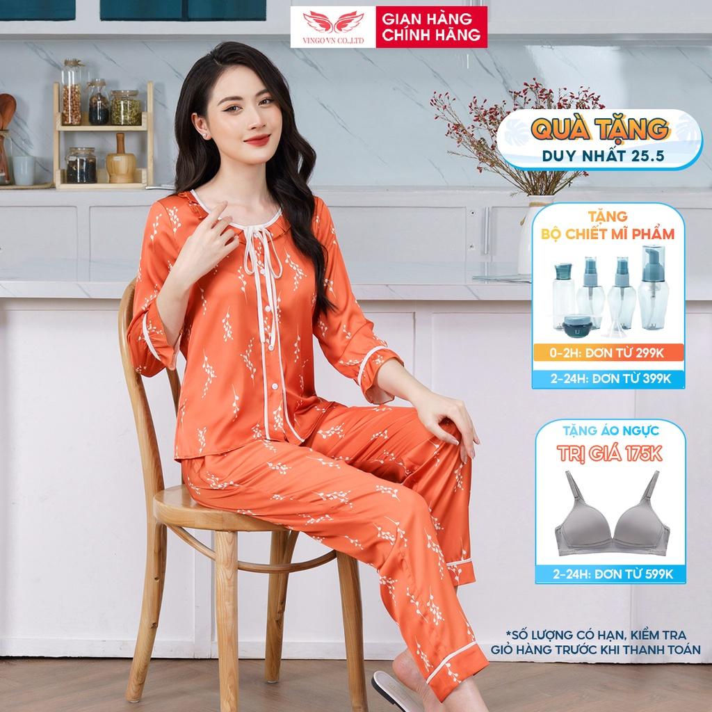 Bộ Đồ Ngủ Pyjama Nữ Mặc Nhà VINGO Lụa Pháp Cao Cấp Tay Lỡ Phối Nơ Quần Dài Thu Đông Họa Tiết Hoa Trắng Xanh H558 VNGO