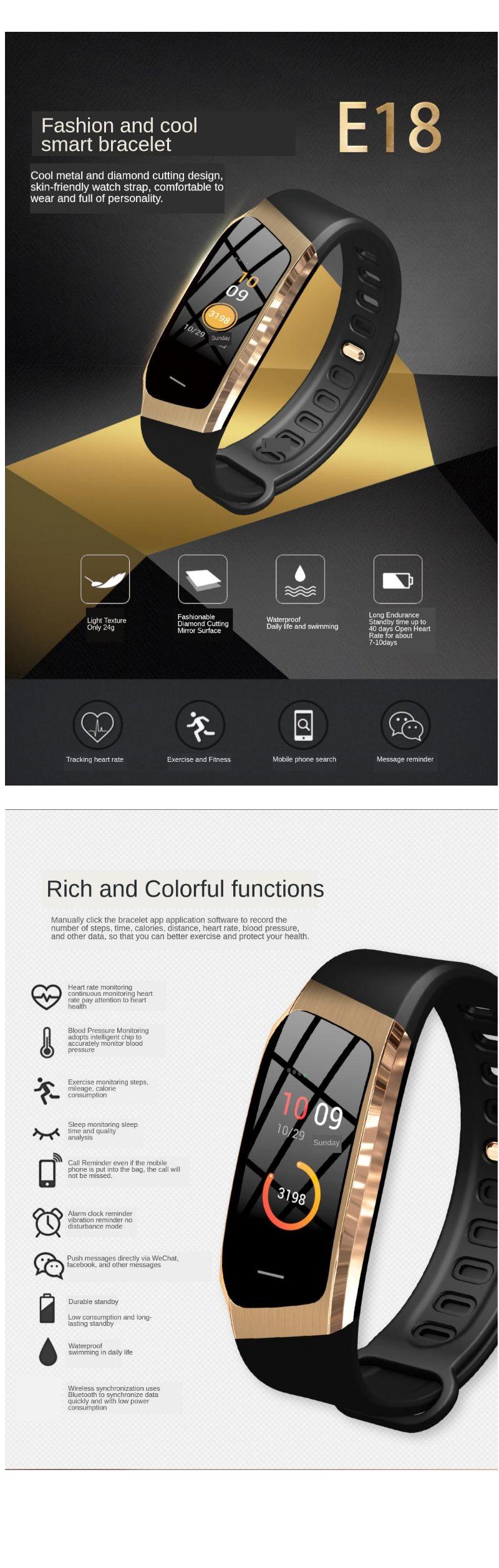E18 Smart Bracelet Blood Pressure Heart Rate Monitor Fitness Tracker Smart watch IP67 Waterproof Sports Band 1