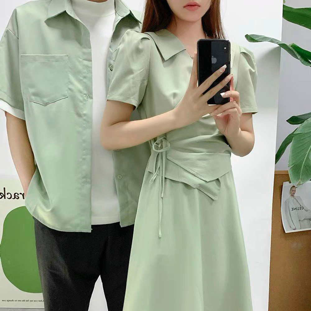 SET ÁO ĐÔI NAM NỮ CHỤP HÌNH CƯỚI ĐỒ CẶP ÁO SƠ MI NAM ĐẦM DÀI CỘT EO MÀU XANH