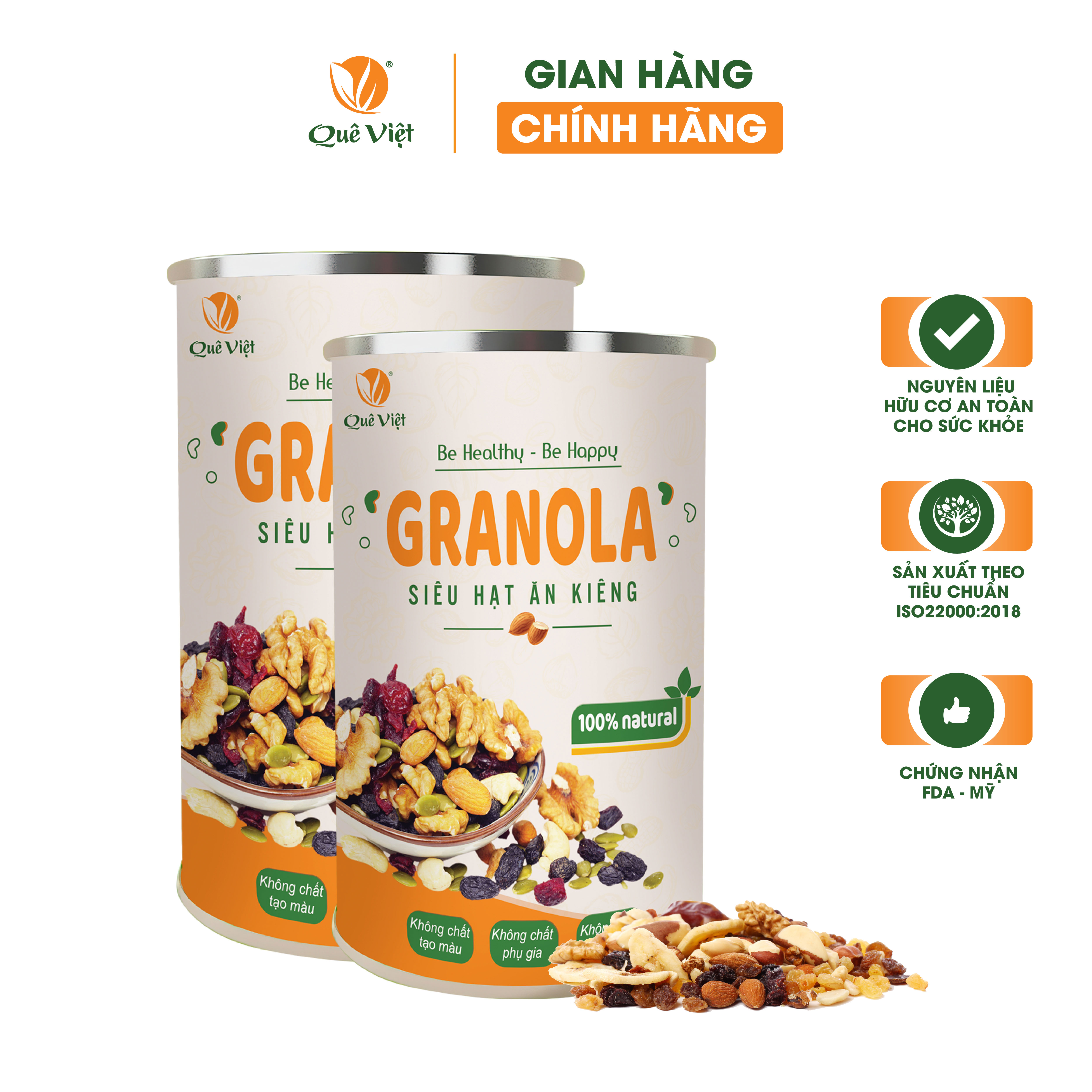 Combo 2 hộp Granola ngũ cốc siêu hạt Quê Việt + tặng 1 cốc gốm sứ bát tràng (500g/hộp)