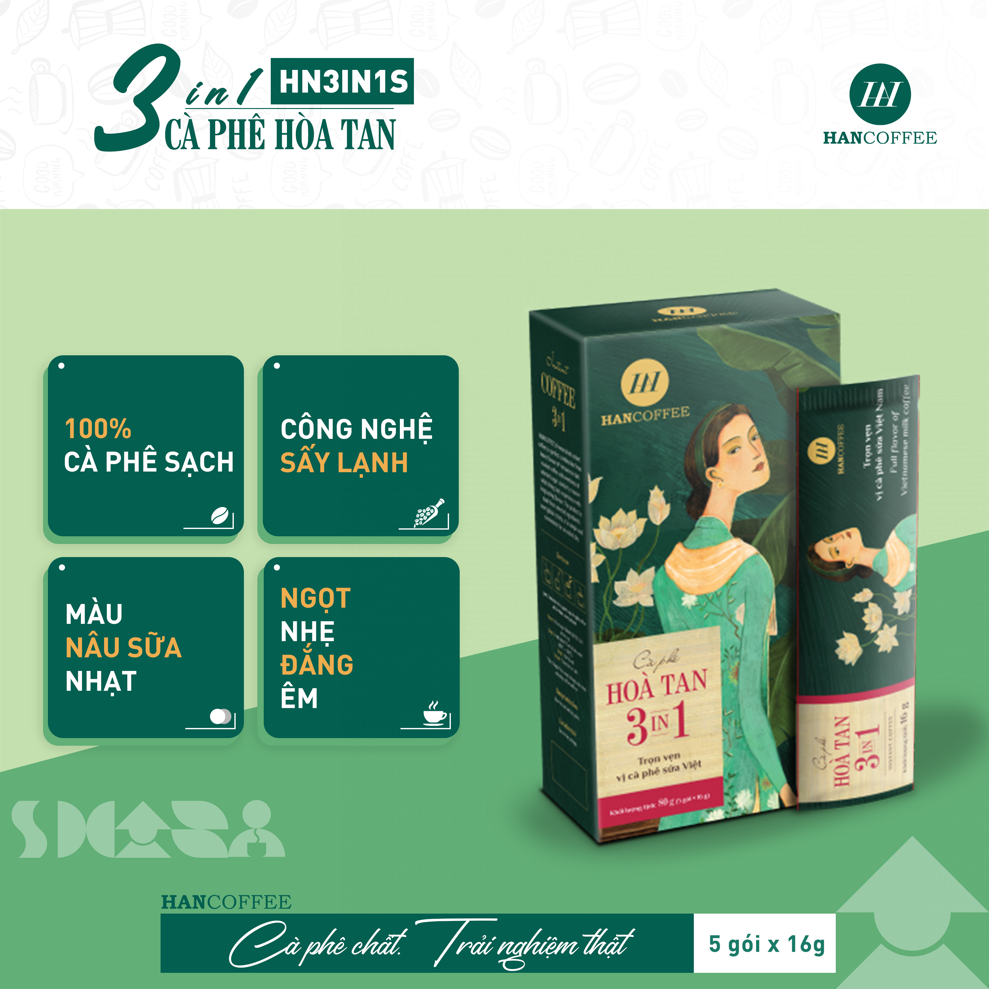 Cà Phê Hòa Tan 3IN1 Sấy Lạnh HANCOFFEE Đậm Hương Cà Phê, Thơm Nhẹ Mùi Sữa Hộp 5 Gói - HN3IN1S