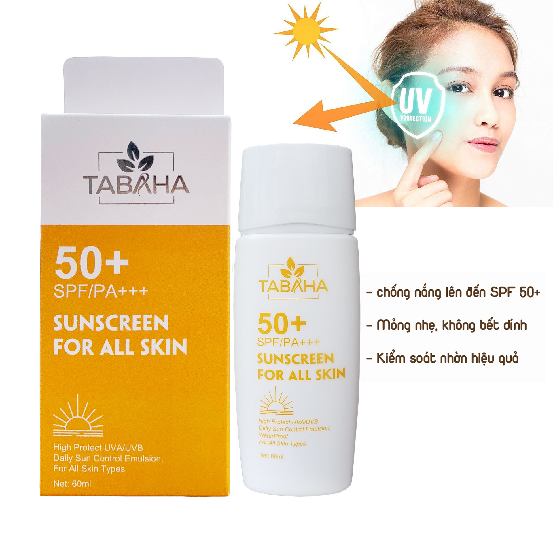 Kem Chống Nắng TABAHA Sunscreen 60ml SPF50+ PA+++ Ngăn Tia UV Cấp Ẩm Nâng Tone Da