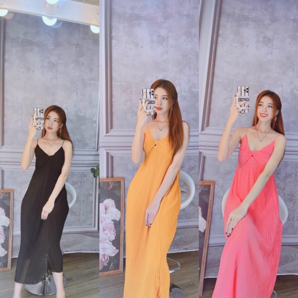 Đầm maxi suông xếp ly xoắn ngực đầm đi biển (Bầu bí bon chen cực xinh) + Ảnh thật