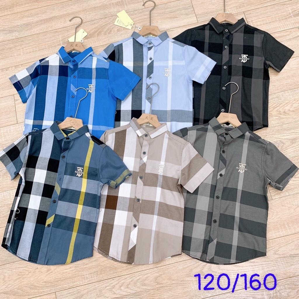 Áo sơ mi bé trai 2-8 tuổi cộc tay in chữ FF và kẻ, Áo hè cho bé vải thoáng mát thời trang