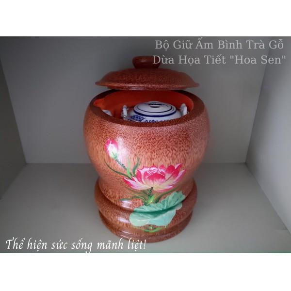 Bộ Bình Trà Gỗ Dừa Có Chân Sang Trọng Hoa Văn "Hoa Sen" - Bình Trà 700 - 1200ml