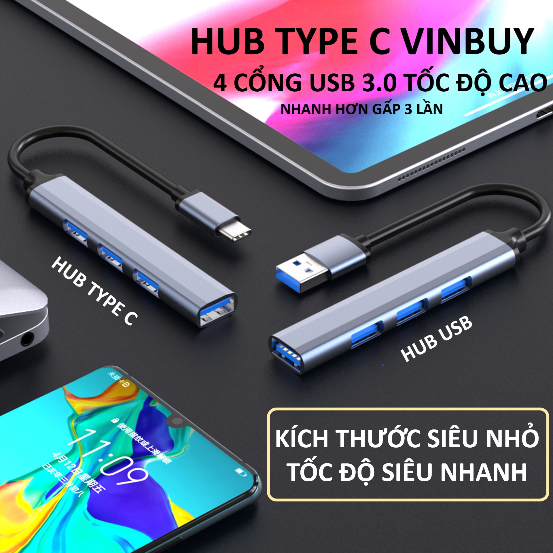 HUB TYPE C Và HUB USB 3.0 Tốc Độ Cao Chia 4 Cổng VinBuy, HUB Chuyển Đổi Dành Cho Macbook Pro Laptop PC Hỗ Trợ Sạc Pin Kết Nối Đa Năng Ổ Cứng Bàn Phím Chuột Máy In, Thiết Bị Ổ Chia USB - Hàng Chính Hãng