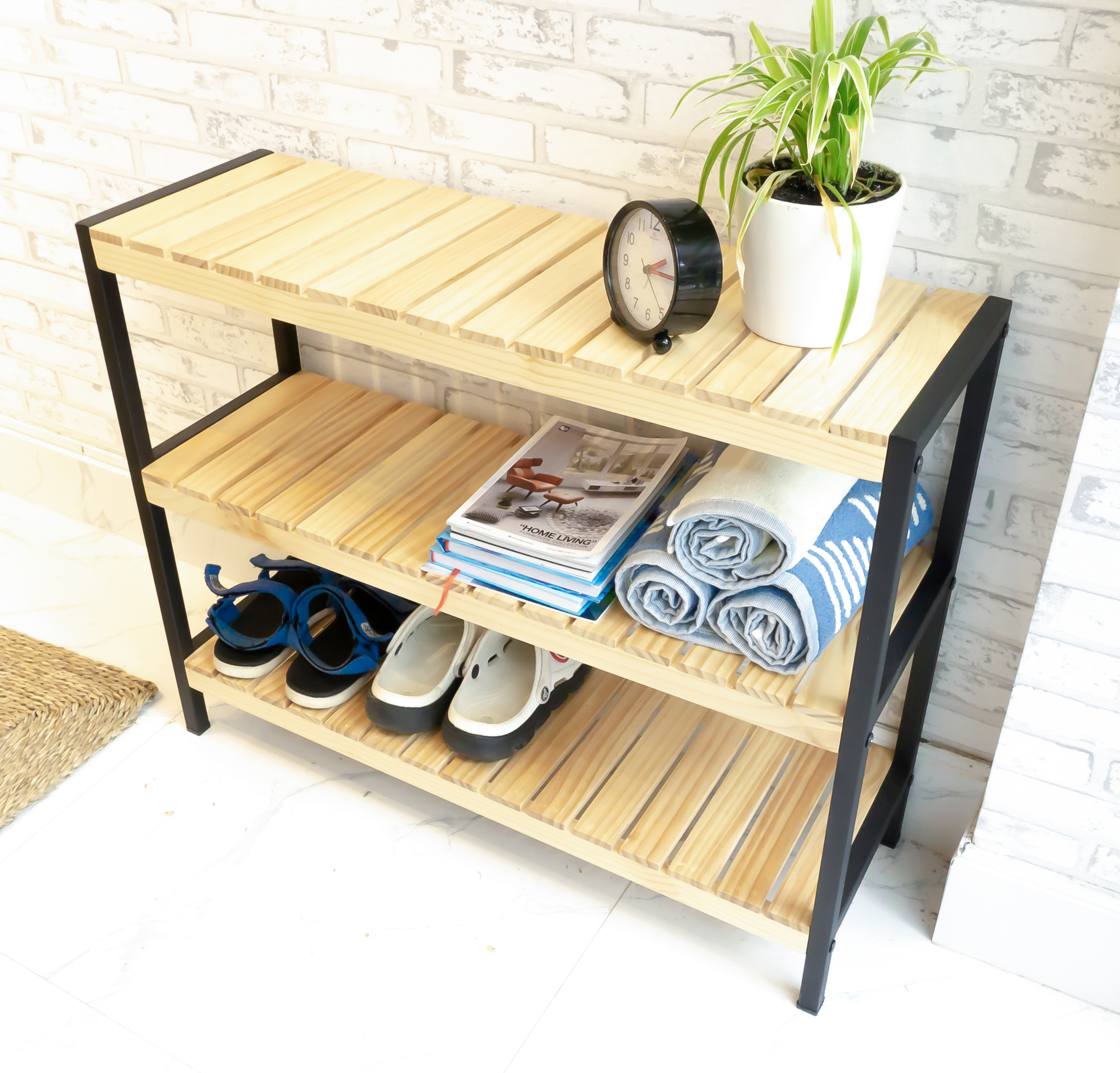 KỆ ĐỰNG GIÀY GỖ KHUNG SẮT TẦNG HÀN QUỐC MÀU GỖ TỰ NHIÊN - IRON BENCH 3F BLACK NATURAL SIZE 800