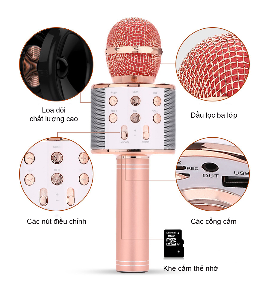 Micro hát Karaoke kiêm Loa Bluetooth - Loại tốt âm thanh chuẩn KTV S8 (Màu Hồng)