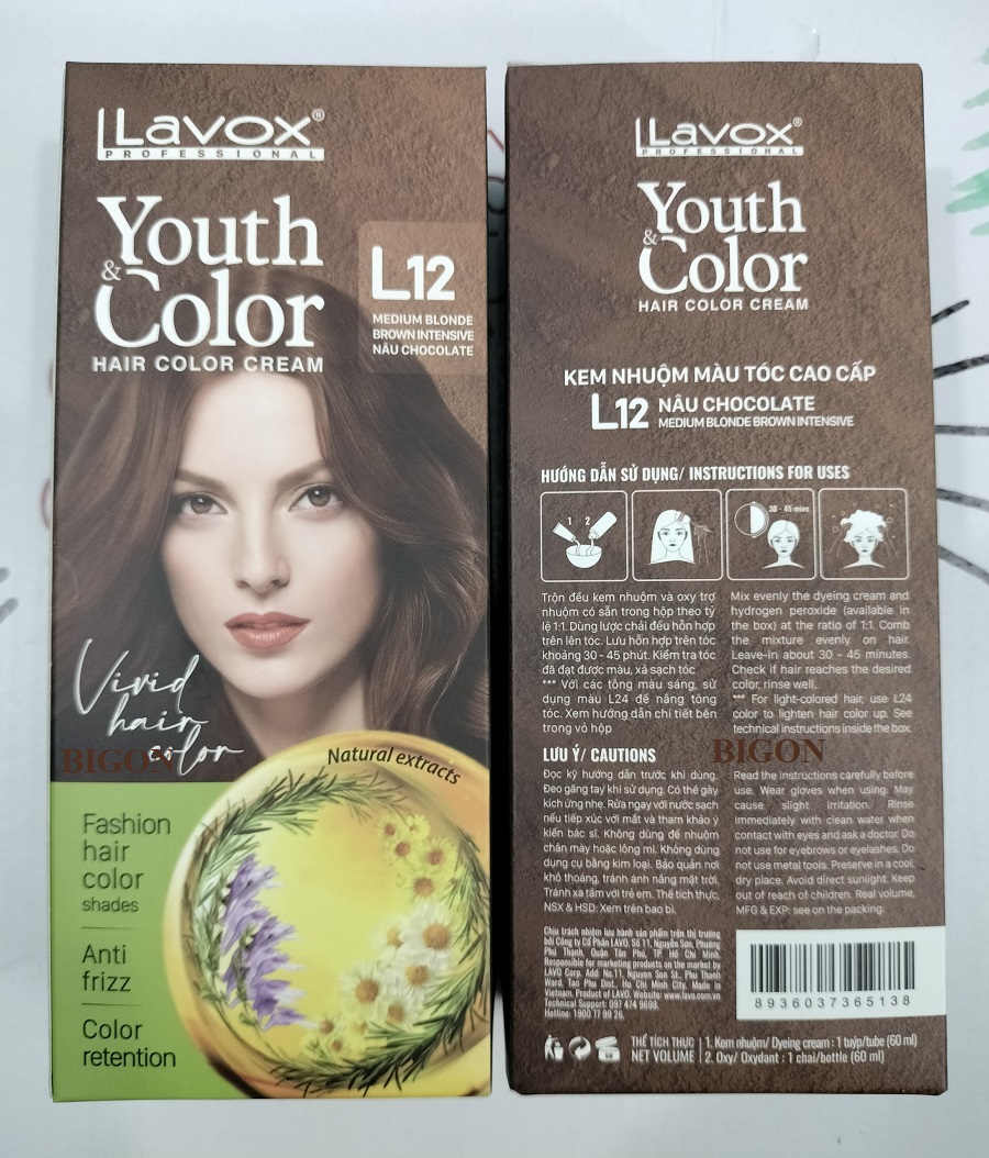 (Nâu Chocolate) Kem Nhuộm Tóc Màu Thời Trang Lavox Youth&Color L12 - Màu Nâu Chocolate