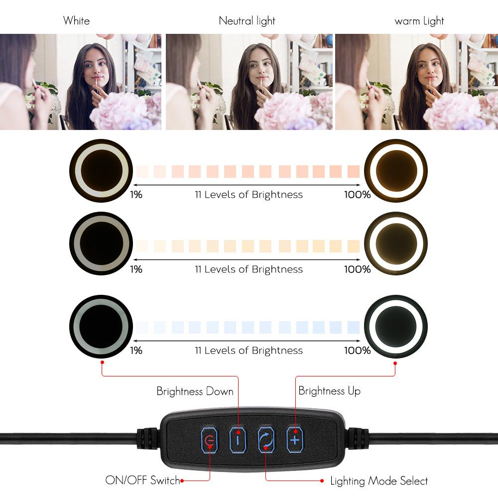 Đèn LED vòng để bàn 10 inch 3 chế độ chiếu sáng USB có thể điều chỉnh đầu bóng 80cm