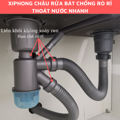 Xiphong bồn rửa bát 2 hố CHỐNG RÒ RỈ Thoát Nước Nhanh Ngăn mùi hôi 2 cốc 11cm