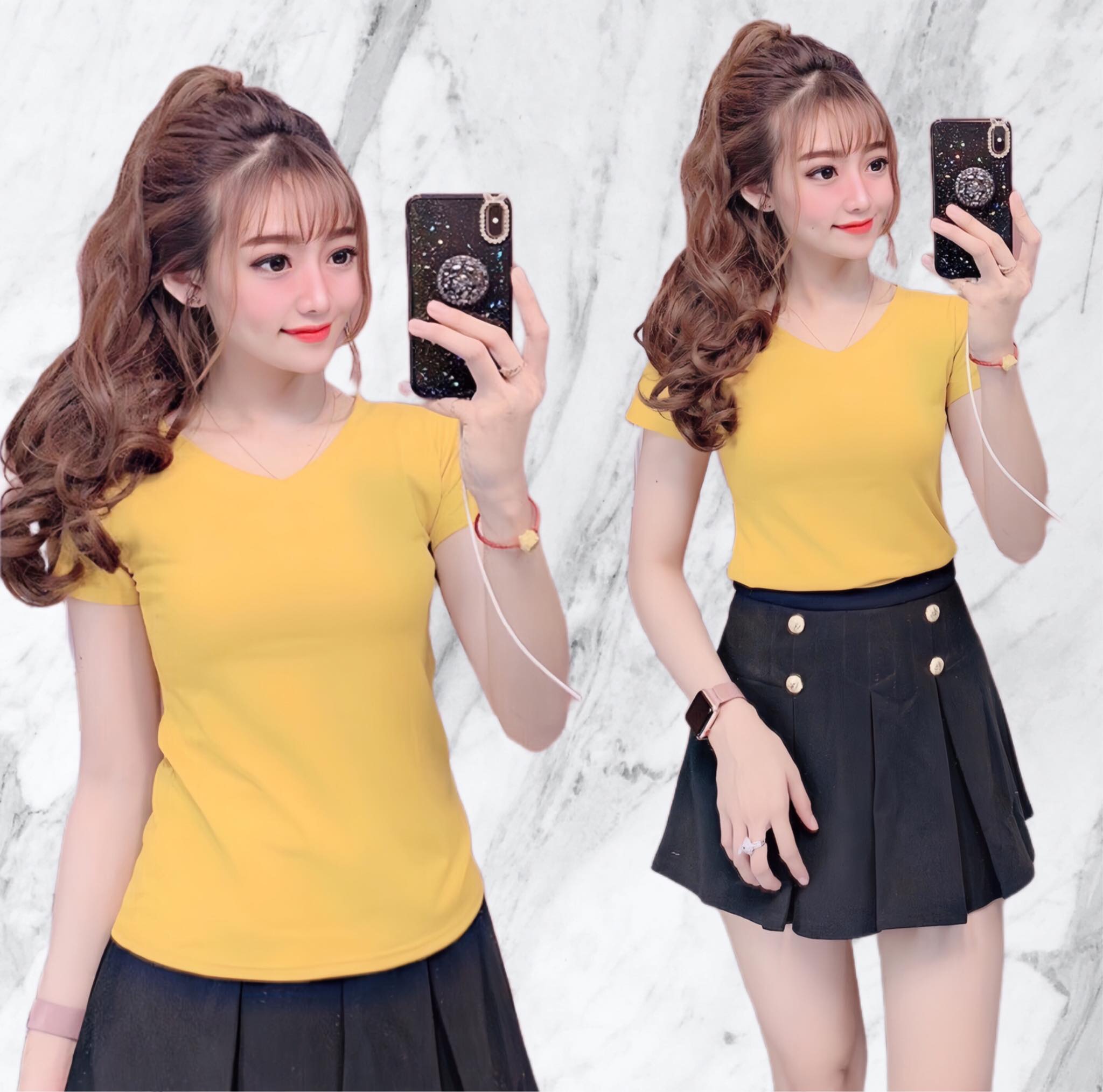 Áo thun nữ trơn cổ tim tay ngắn thun cotton 4 chiều form ôm body MXM
