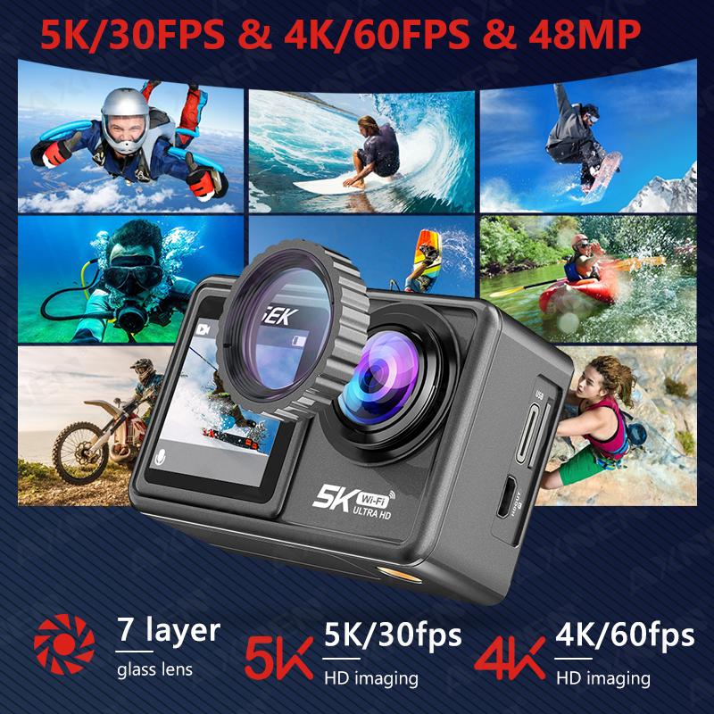 AXNEN AUSEK Camera hành động 5K 4K 60FPS EIS 48MP Màn hình cảm ứng 1080P Webcam Vlog WiFi Camera thể thao có điều khiển từ xa, Ống kính lọc tùy chọn