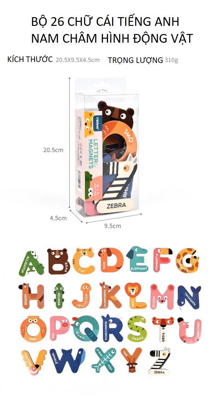 Mideer Magnet Letters - Bộ chữ cái tiếng Anh hình động vật có nam châm cho bé học chữ từ 2 tuổi trở lên