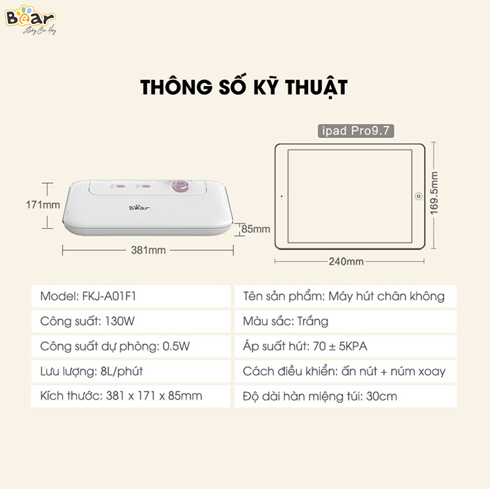 Máy Hút Chân Không Thực Phẩm Bear VS-B01V1 Hàn Miêng Túi Áp Suất Mạnh - Hàng Chính Hãng