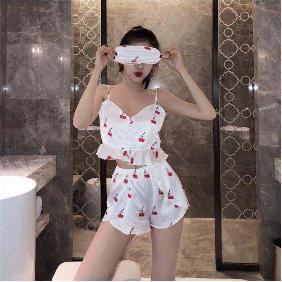 Set đồ ngủ hai dây vải sợi polyester thiết kế 3 mảnh họa tiết cherry dễ thương S016