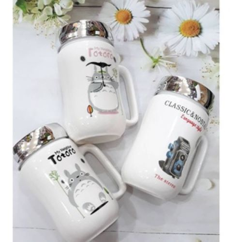 Ly sứ giữ nhiệt nắp tráng gương 400ml có tay cầm,in họa tiết ngẫu nhiên