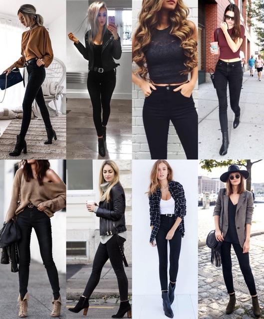 Jeans đen, skinny jeans cạp cao giãn nhiều