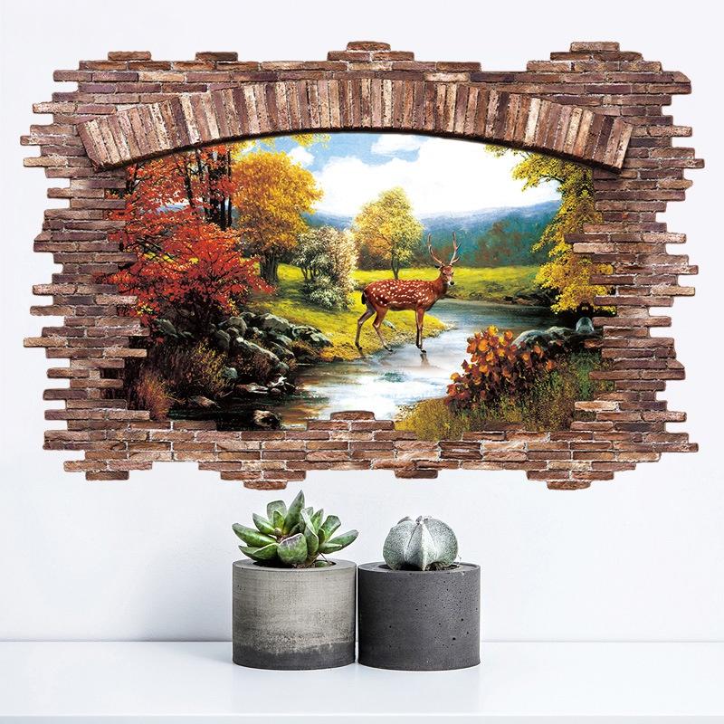 Decal tranh dán tường 3D trang trí nhà cửa - khu rừng và con hươu