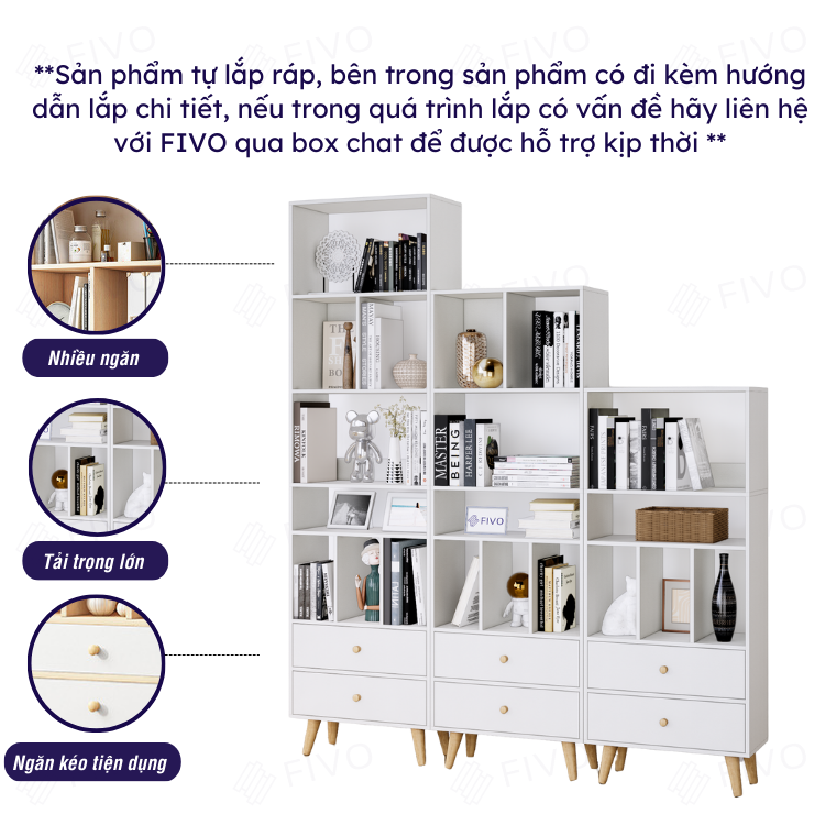 Giá Sách Đa Tầng Gỗ MDF FIVO FB61 (50 x 24 x 177cm) Dễ Dàng Lắp Ráp (Có Hộc Kéo)- Hàng Chính Hãng