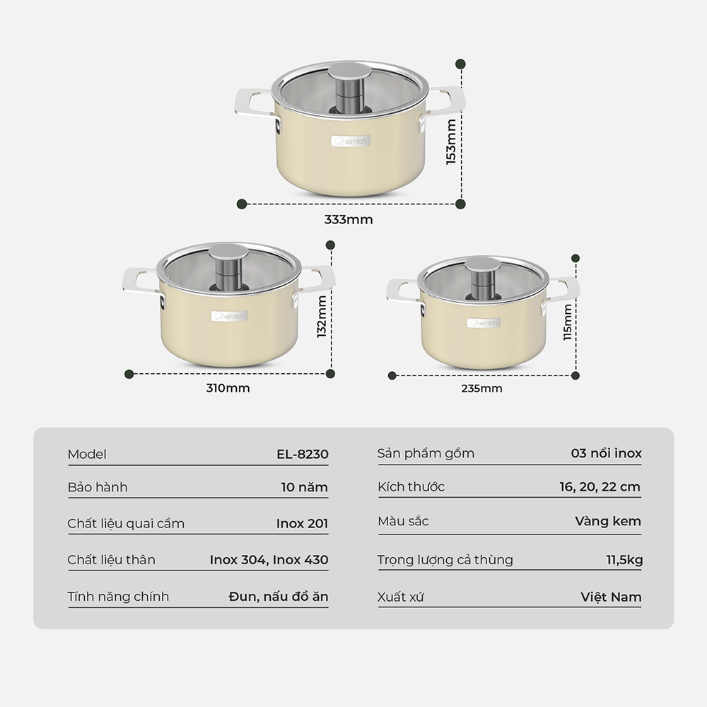 Bộ nồi Inox liền khối Elmich Hera EL-8230 size 16, 20, 22cm